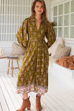 Whitney Midi Dress - Collared Button Down Shirt Dress with Belt in Amalie Print><noscript><img width=