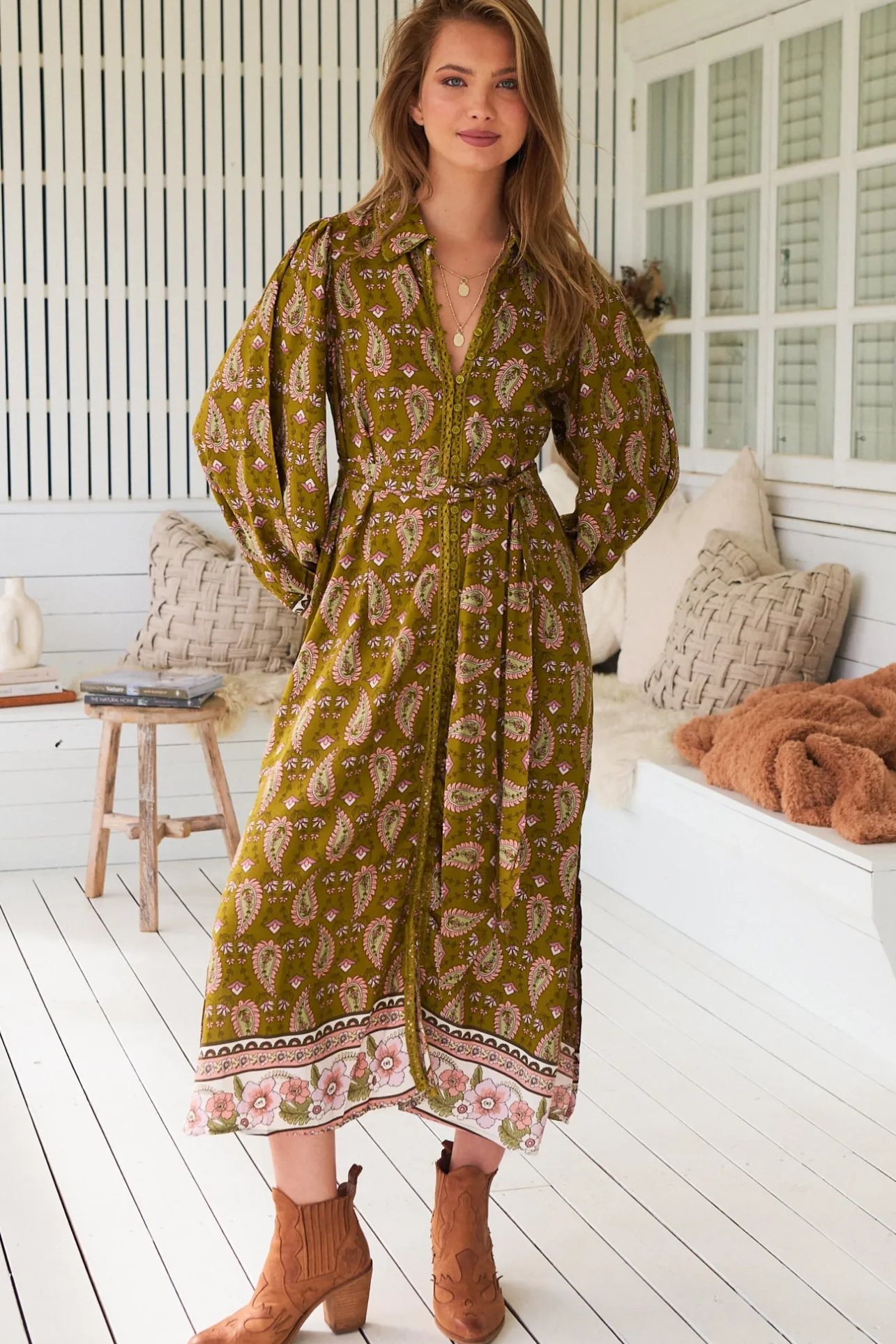 Whitney Midi Dress - Collared Button Down Shirt Dress with Belt in Amalie Print>Jaase Sale