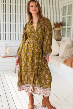 Whitney Midi Dress - Collared Button Down Shirt Dress with Belt in Amalie Print><noscript><img width=