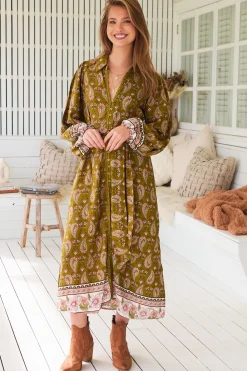 Whitney Midi Dress - Collared Button Down Shirt Dress with Belt in Amalie Print><noscript><img width=