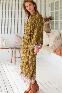 Whitney Midi Dress - Collared Button Down Shirt Dress with Belt in Amalie Print><noscript><img width=