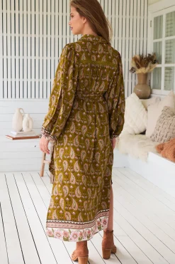 Whitney Midi Dress - Collared Button Down Shirt Dress with Belt in Amalie Print><noscript><img width=