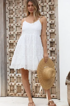 Wilda Mini Dress - Floral Embroidered Tiered Sun Dress in White><noscript><img width=