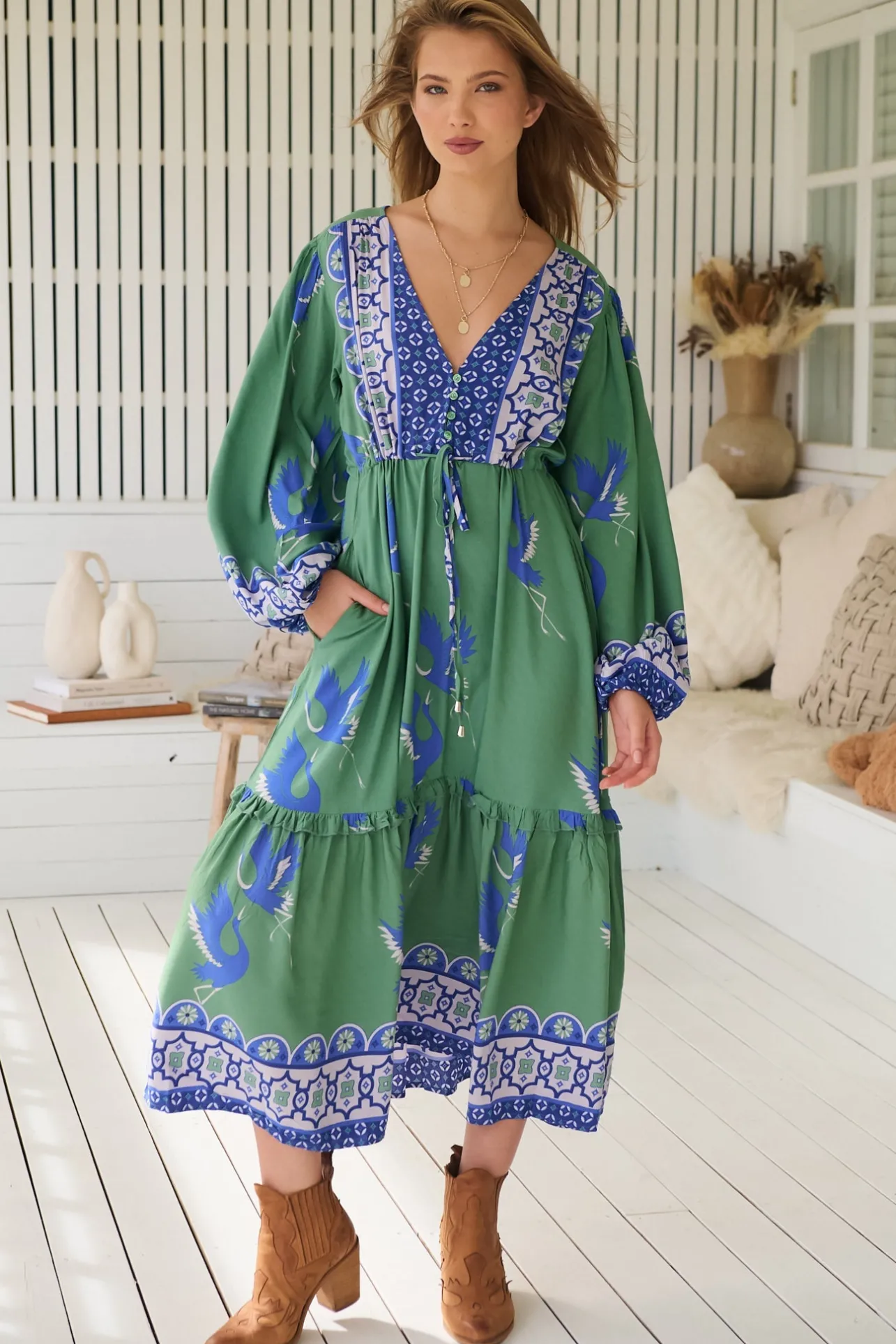 Willa Midi Dress - V-Neck Pull Tie Waist Long Sleeve Dress in Bluebird Print>Jaase New