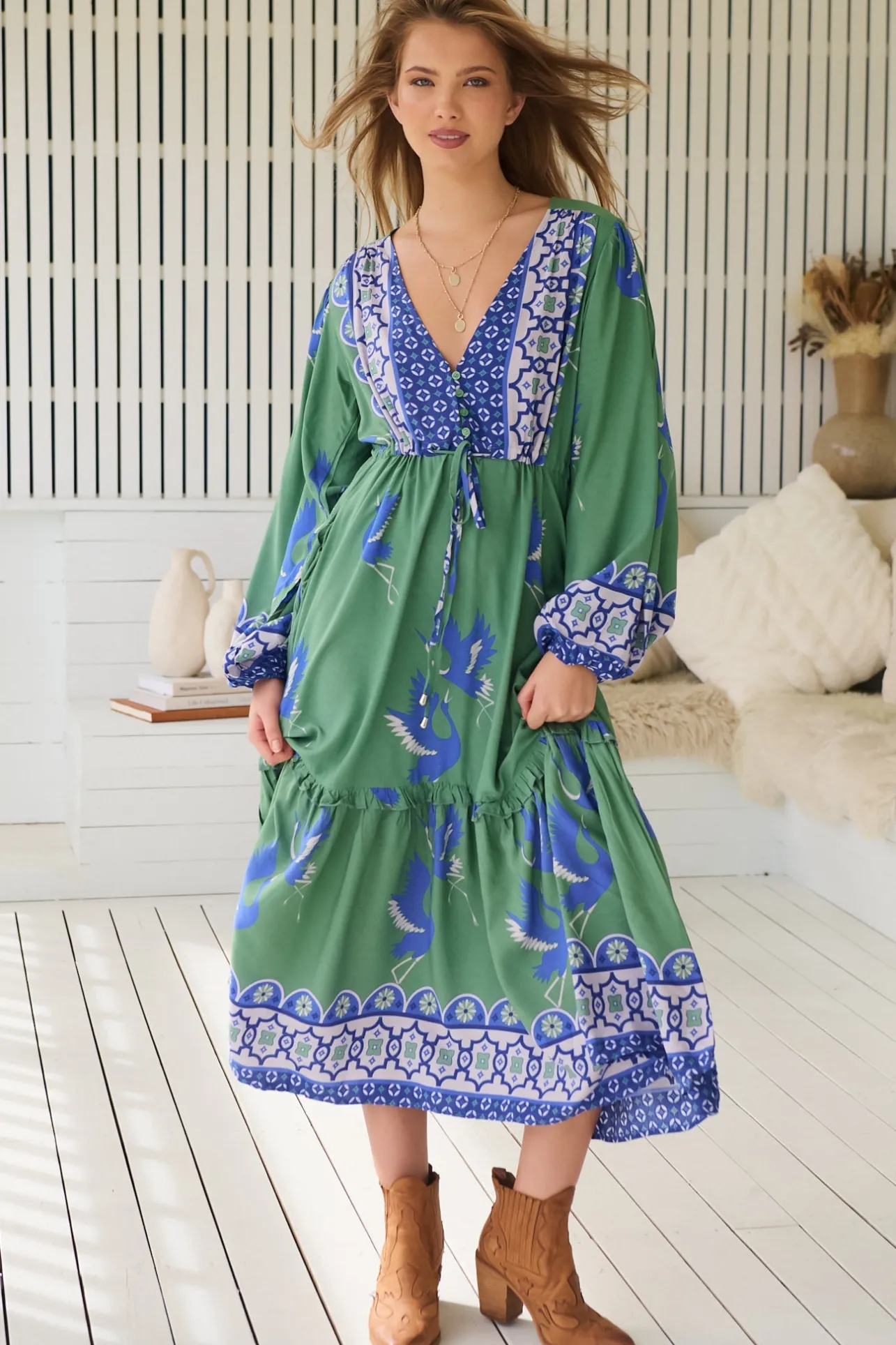 Willa Midi Dress - V-Neck Pull Tie Waist Long Sleeve Dress in Bluebird Print>Jaase New