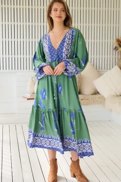 Willa Midi Dress - V-Neck Pull Tie Waist Long Sleeve Dress in Bluebird Print><noscript><img width=