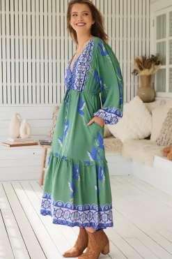 Willa Midi Dress - V-Neck Pull Tie Waist Long Sleeve Dress in Bluebird Print><noscript><img width=