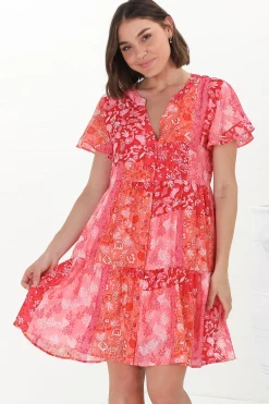 Wilma Mini Dress - Bermuda Collar Button Down Cape Sleeve Dress in Ita Print Pink>Salty Crush