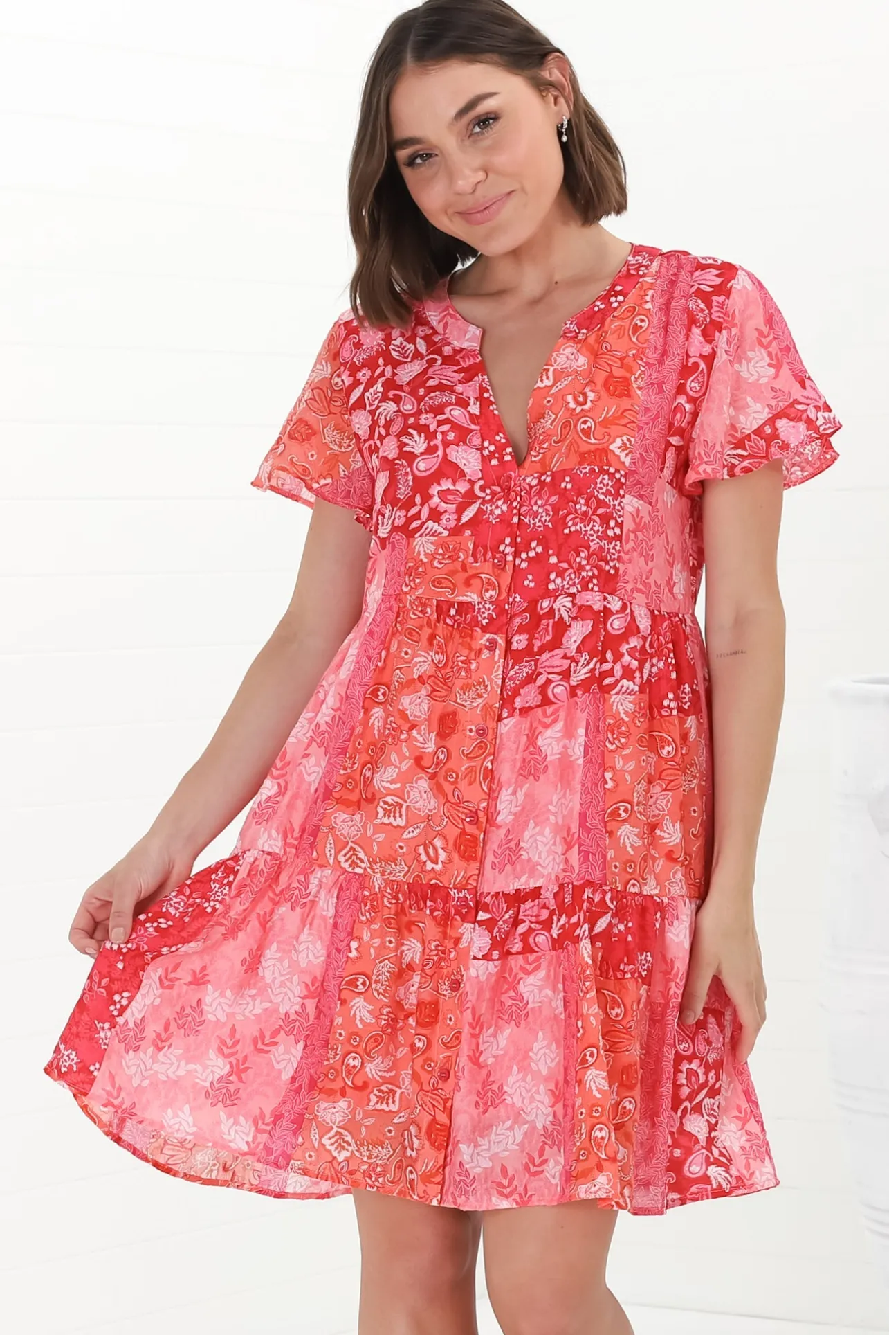 Wilma Mini Dress - Bermuda Collar Button Down Cape Sleeve Dress in Ita Print Pink>Salty Crush