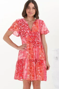 Wilma Mini Dress - Bermuda Collar Button Down Cape Sleeve Dress in Ita Print Pink>Salty Crush