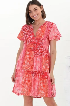 Wilma Mini Dress - Bermuda Collar Button Down Cape Sleeve Dress in Ita Print Pink><noscript><img width=