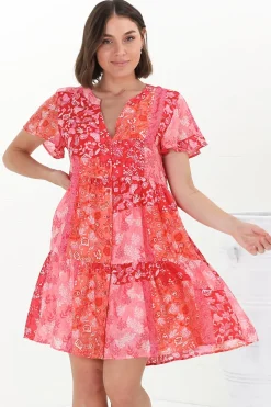 Wilma Mini Dress - Bermuda Collar Button Down Cape Sleeve Dress in Ita Print Pink><noscript><img width=