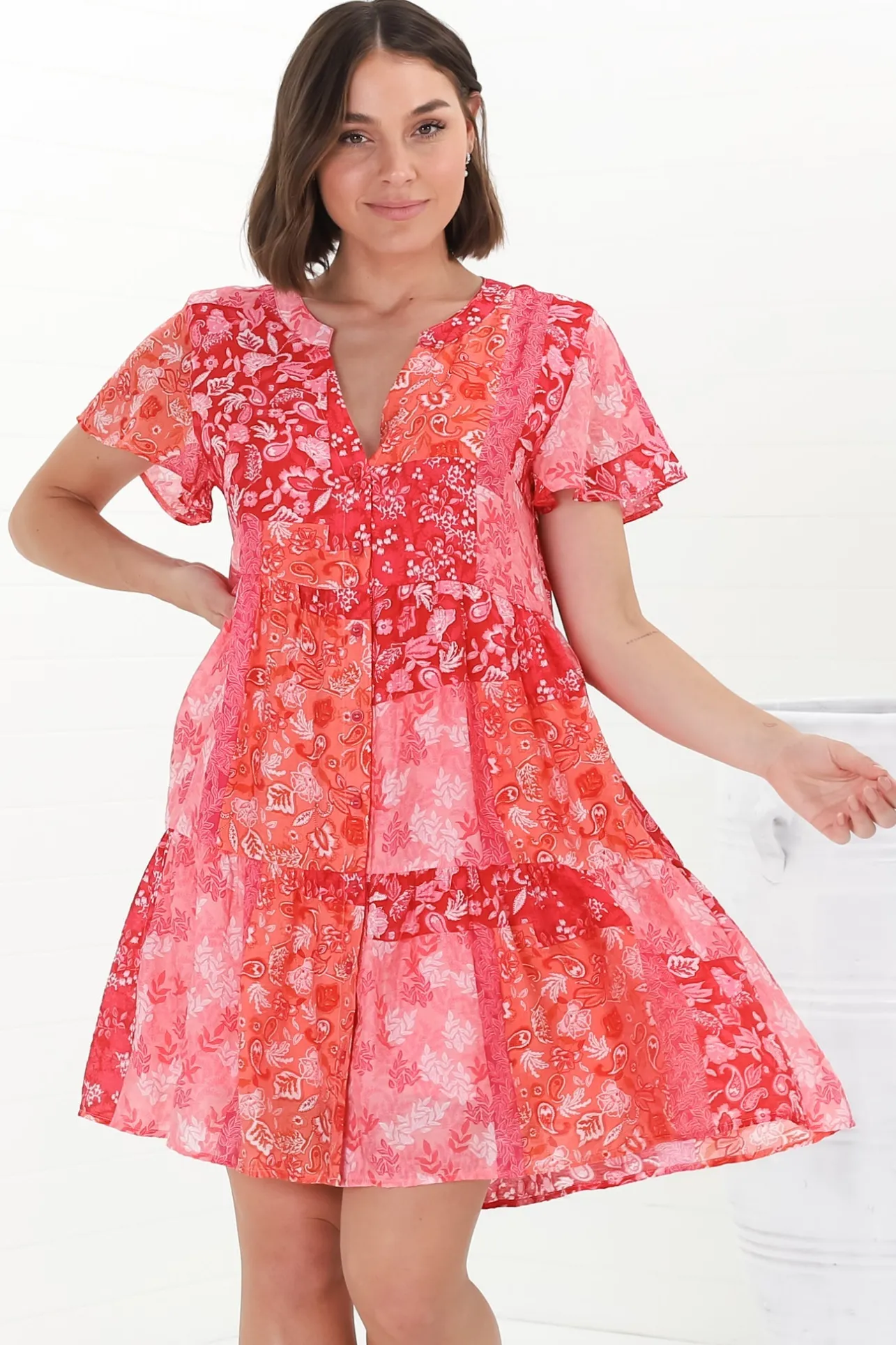 Wilma Mini Dress - Bermuda Collar Button Down Cape Sleeve Dress in Ita Print Pink>Salty Crush