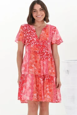 Wilma Mini Dress - Bermuda Collar Button Down Cape Sleeve Dress in Ita Print Pink><noscript><img width=