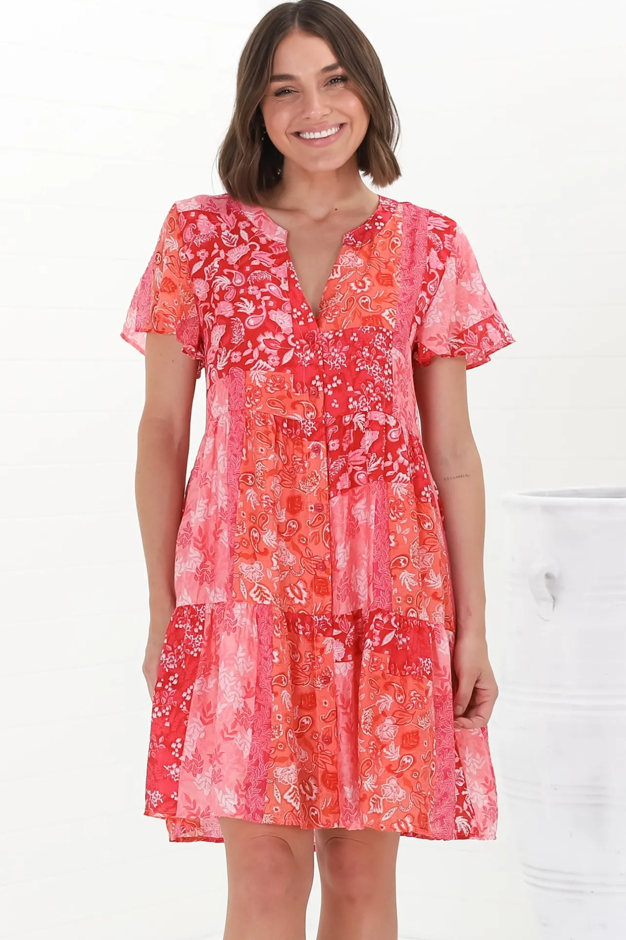 Wilma Mini Dress - Bermuda Collar Button Down Cape Sleeve Dress in Ita Print Pink>Salty Crush