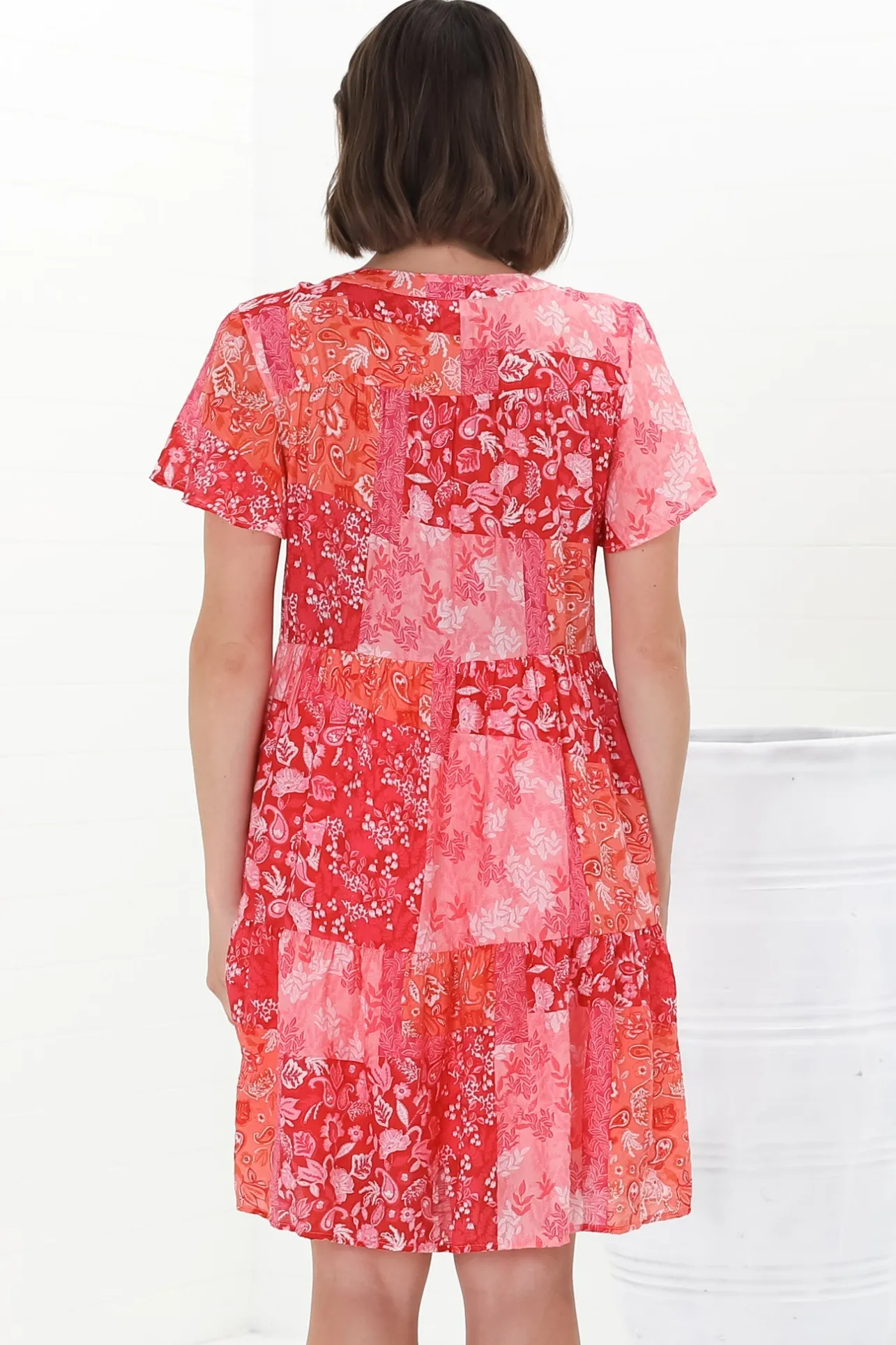 Wilma Mini Dress - Bermuda Collar Button Down Cape Sleeve Dress in Ita Print Pink>Salty Crush