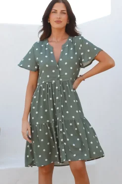 Wilma Mini Dress - Bermuda Collar Button Down Dress with Cap Sleeves in Parisian Polka Khaki>Salty Crush Outlet