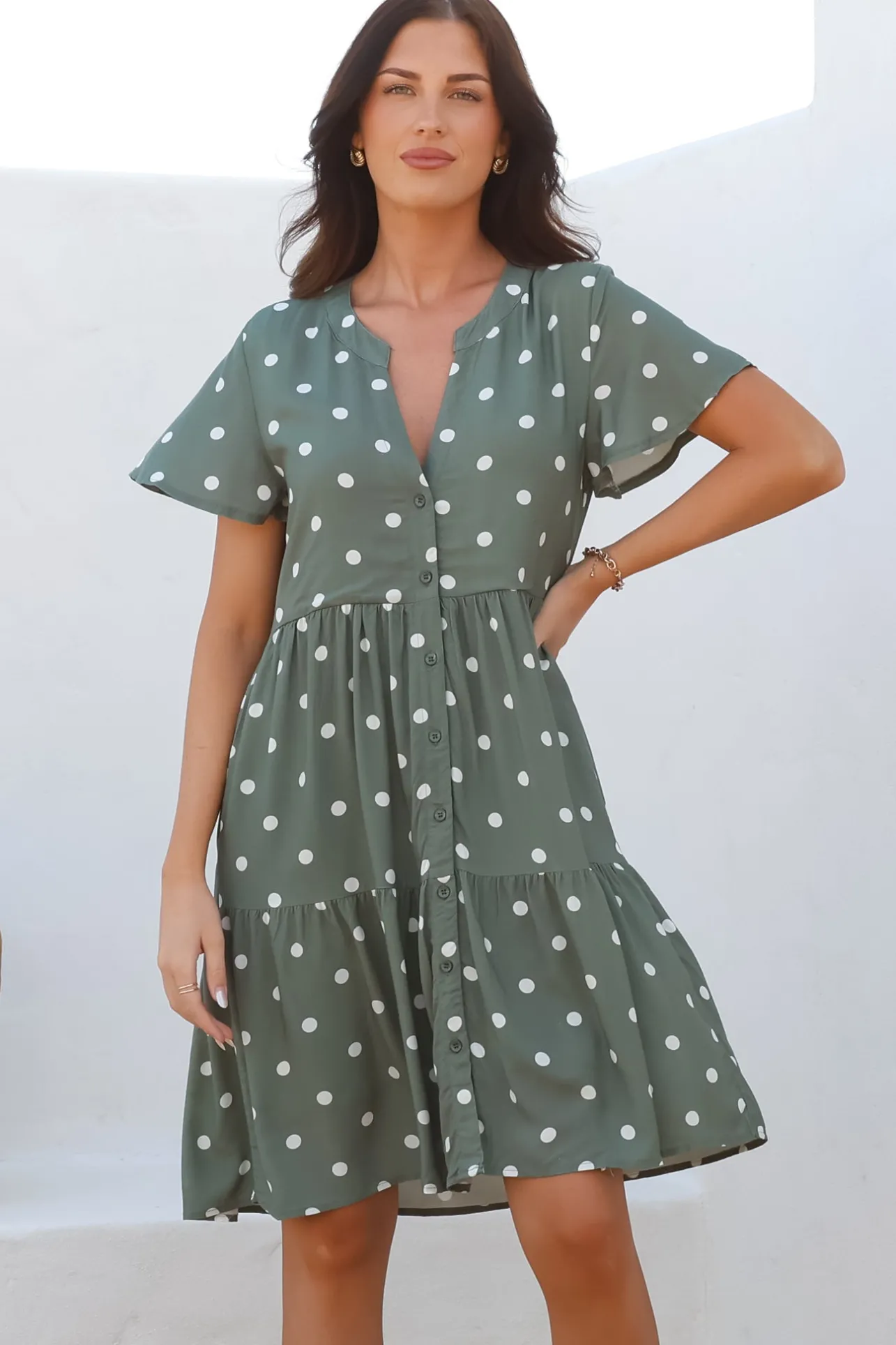 Wilma Mini Dress - Bermuda Collar Button Down Dress with Cap Sleeves in Parisian Polka Khaki>Salty Crush Outlet