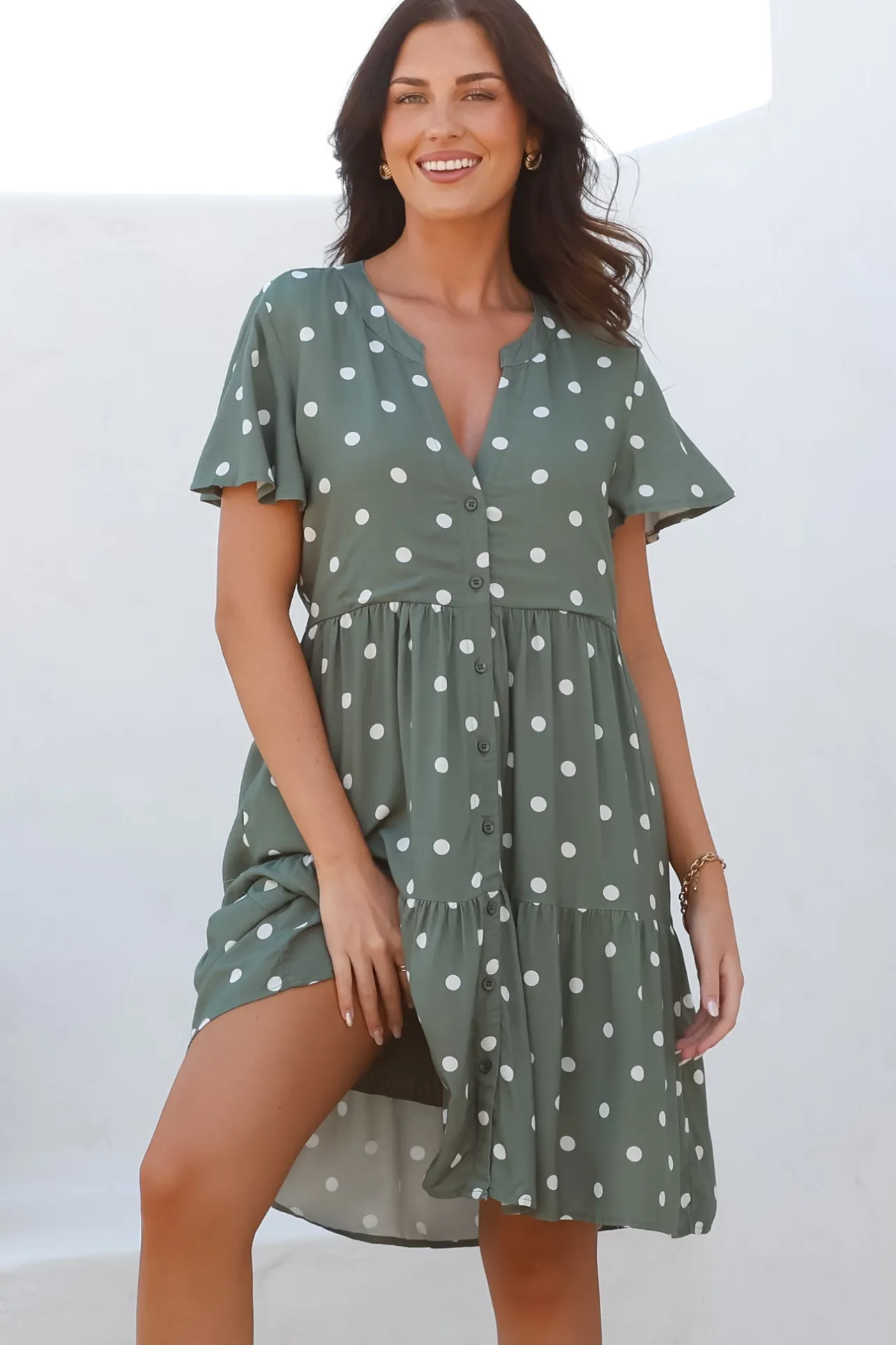 Wilma Mini Dress - Bermuda Collar Button Down Dress with Cap Sleeves in Parisian Polka Khaki>Salty Crush Outlet