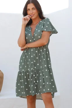 Wilma Mini Dress - Bermuda Collar Button Down Dress with Cap Sleeves in Parisian Polka Khaki><noscript><img width=