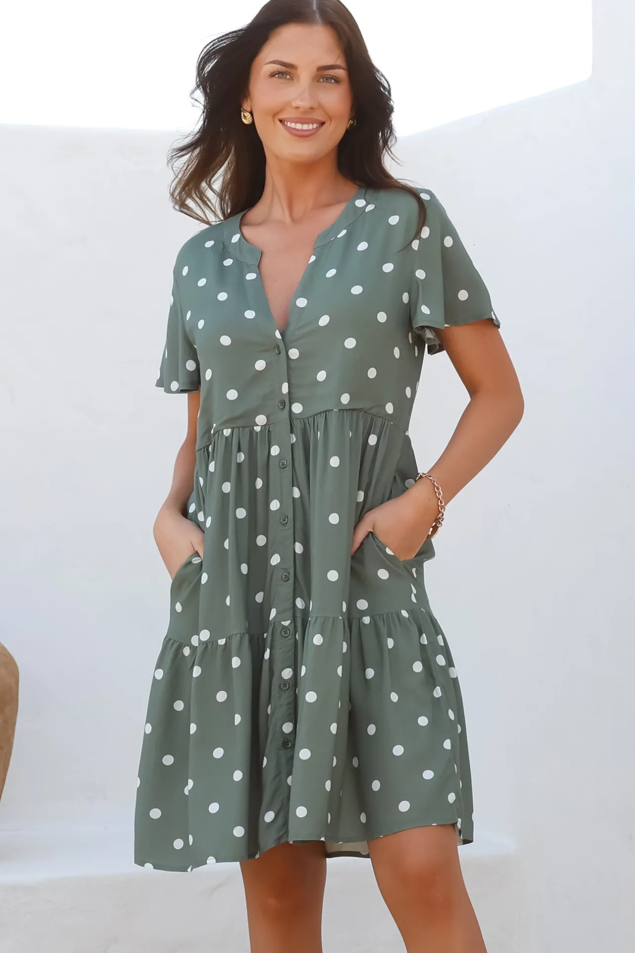 Wilma Mini Dress - Bermuda Collar Button Down Dress with Cap Sleeves in Parisian Polka Khaki>Salty Crush Outlet