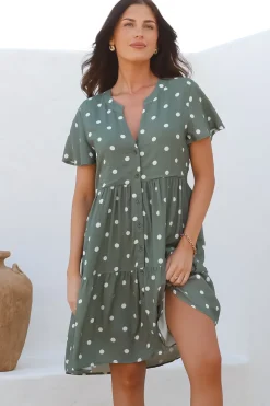 Wilma Mini Dress - Bermuda Collar Button Down Dress with Cap Sleeves in Parisian Polka Khaki><noscript><img width=