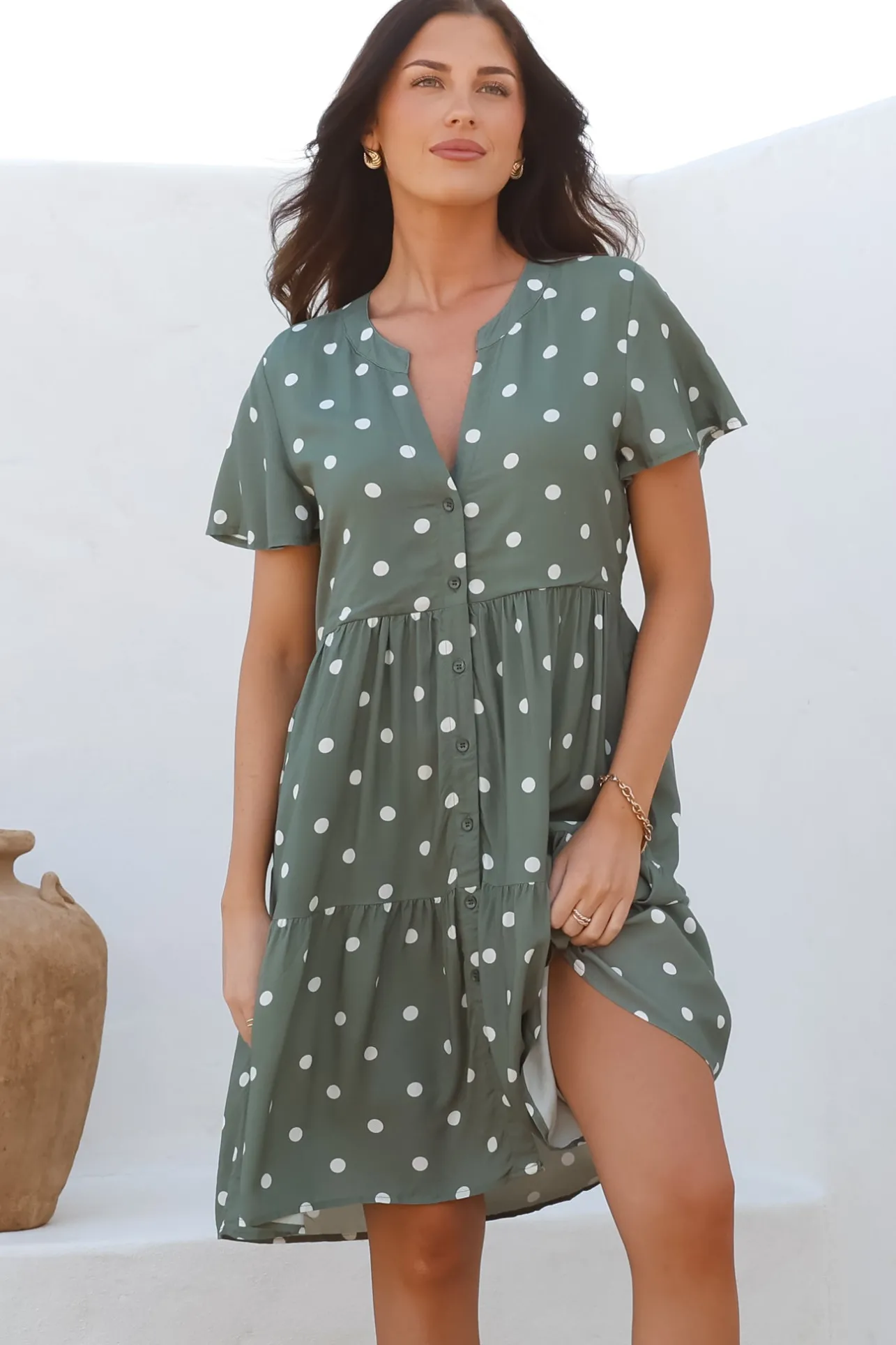 Wilma Mini Dress - Bermuda Collar Button Down Dress with Cap Sleeves in Parisian Polka Khaki>Salty Crush Outlet