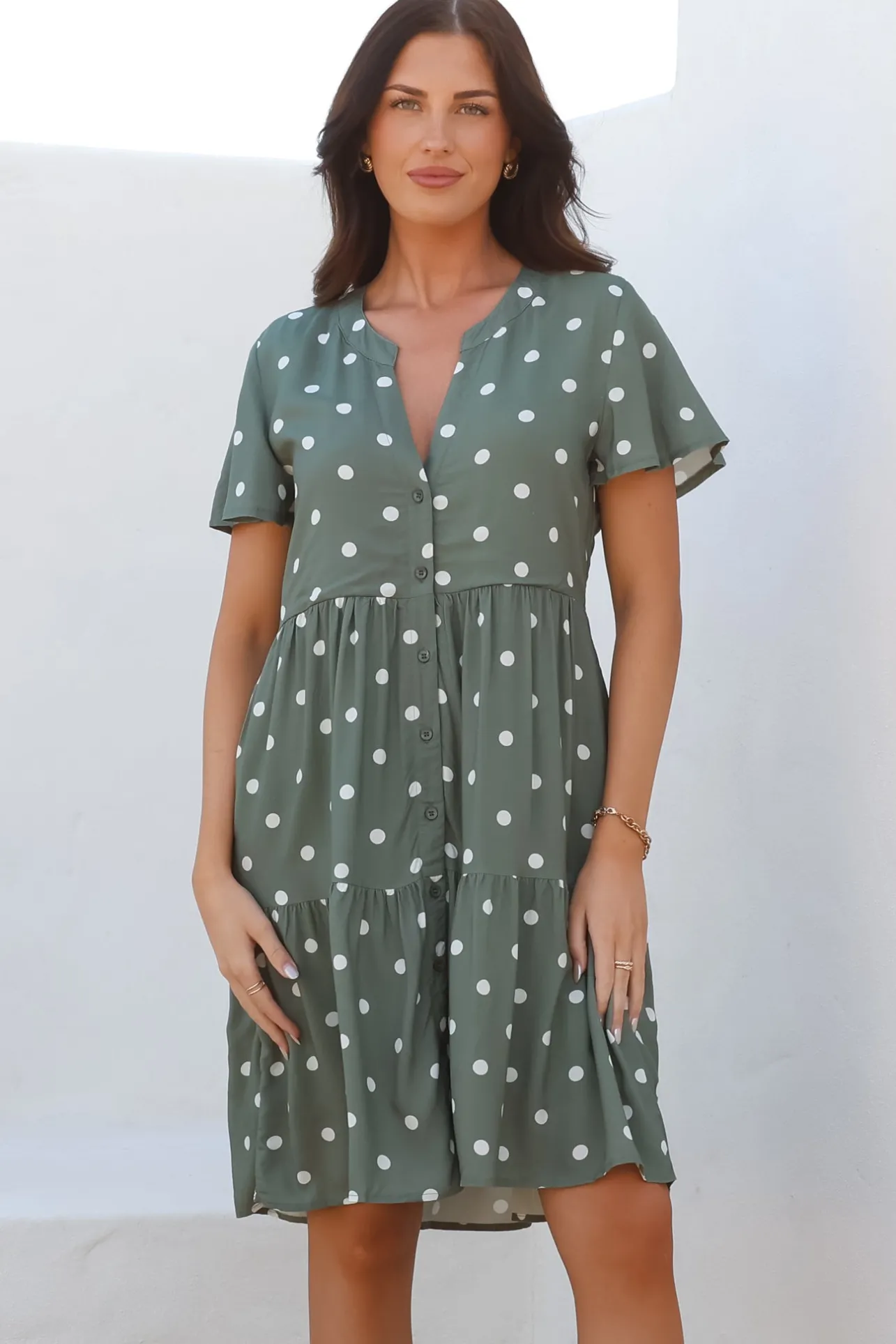 Wilma Mini Dress - Bermuda Collar Button Down Dress with Cap Sleeves in Parisian Polka Khaki>Salty Crush Outlet
