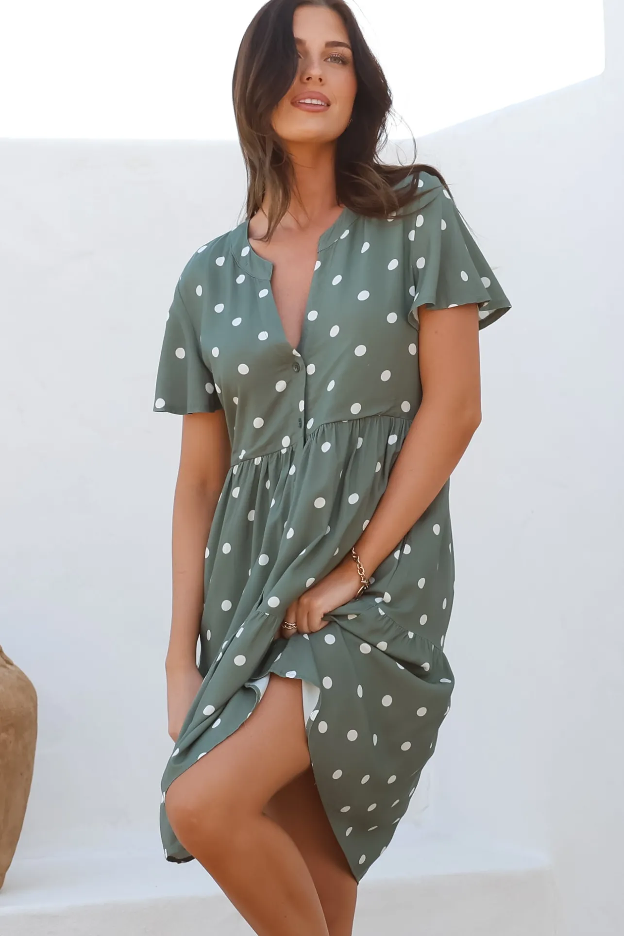 Wilma Mini Dress - Bermuda Collar Button Down Dress with Cap Sleeves in Parisian Polka Khaki>Salty Crush Outlet