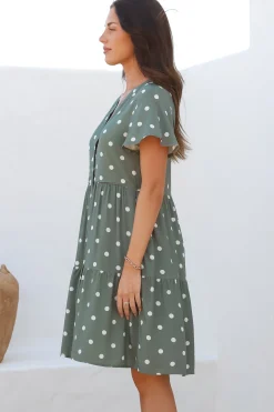 Wilma Mini Dress - Bermuda Collar Button Down Dress with Cap Sleeves in Parisian Polka Khaki><noscript><img width=