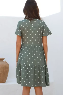 Wilma Mini Dress - Bermuda Collar Button Down Dress with Cap Sleeves in Parisian Polka Khaki><noscript><img width=