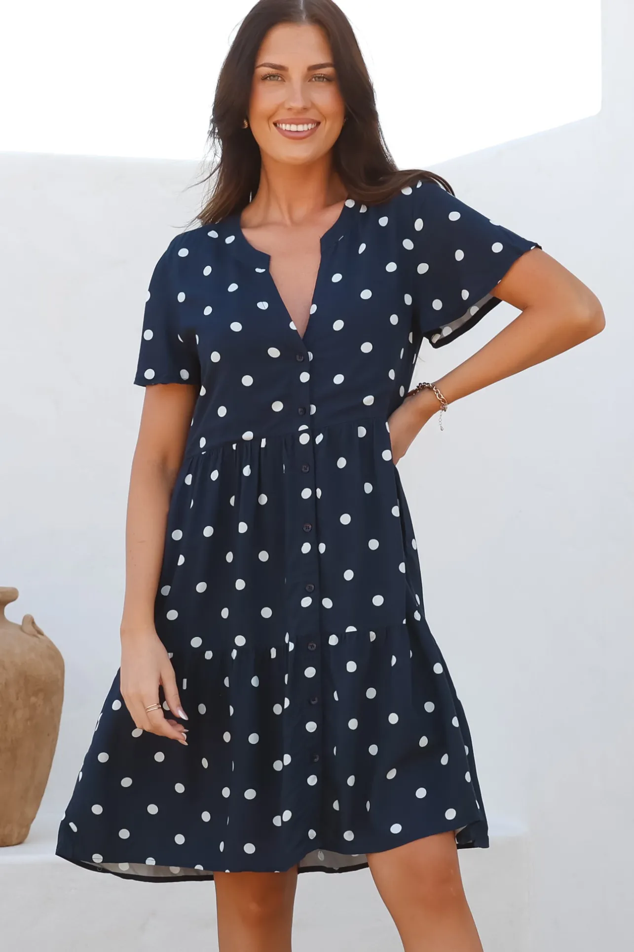 Wilma Mini Dress - Bermuda Collar Button Down Dress with Cap Sleeves in Parisian Polka Navy>Salty Crush Clearance