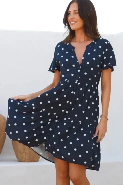 Wilma Mini Dress - Bermuda Collar Button Down Dress with Cap Sleeves in Parisian Polka Navy><noscript><img width=