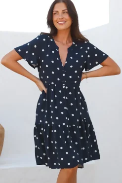 Wilma Mini Dress - Bermuda Collar Button Down Dress with Cap Sleeves in Parisian Polka Navy><noscript><img width=