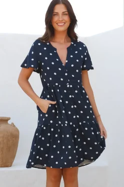 Wilma Mini Dress - Bermuda Collar Button Down Dress with Cap Sleeves in Parisian Polka Navy><noscript><img width=