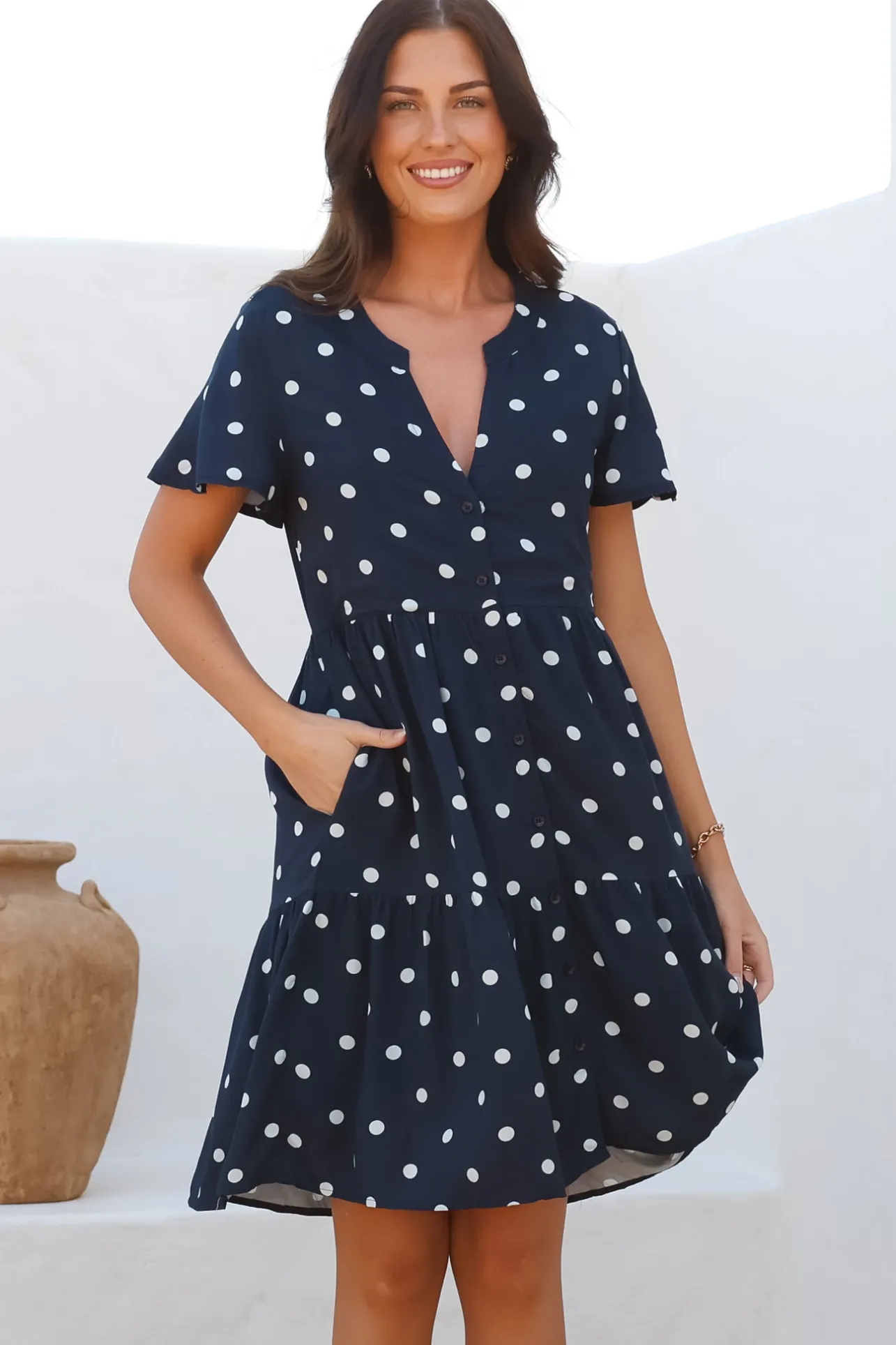 Wilma Mini Dress - Bermuda Collar Button Down Dress with Cap Sleeves in Parisian Polka Navy>Salty Crush Clearance