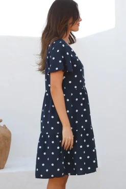 Wilma Mini Dress - Bermuda Collar Button Down Dress with Cap Sleeves in Parisian Polka Navy><noscript><img width=