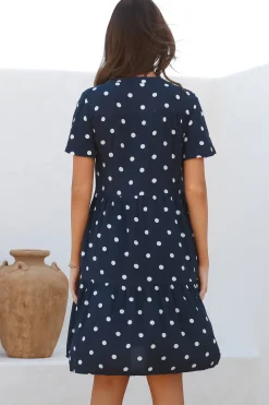 Wilma Mini Dress - Bermuda Collar Button Down Dress with Cap Sleeves in Parisian Polka Navy><noscript><img width=