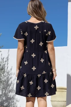 Wilma Mini Dress - Bermuda Collar Button Down Dress with Cap Sleeves in Gigi Print Navy><noscript><img width=