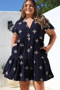 Wilma Mini Dress - Bermuda Collar Button Down Dress with Cap Sleeves in Gigi Print Navy><noscript><img width=