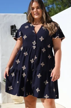 Wilma Mini Dress - Bermuda Collar Button Down Dress with Cap Sleeves in Gigi Print Navy><noscript><img width=