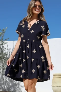 Wilma Mini Dress - Bermuda Collar Button Down Dress with Cap Sleeves in Gigi Print Navy><noscript><img width=