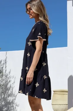 Wilma Mini Dress - Bermuda Collar Button Down Dress with Cap Sleeves in Gigi Print Navy><noscript><img width=