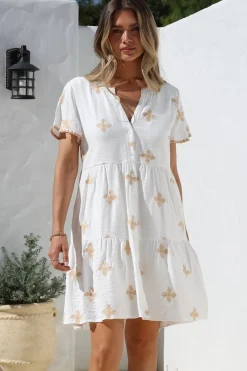 Wilma Mini Dress - Bermuda Collar Button Down Dress with Cap Sleeves in Gigi Print White>Salty Crush Sale