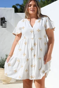 Wilma Mini Dress - Bermuda Collar Button Down Dress with Cap Sleeves in Gigi Print White>Salty Crush Sale