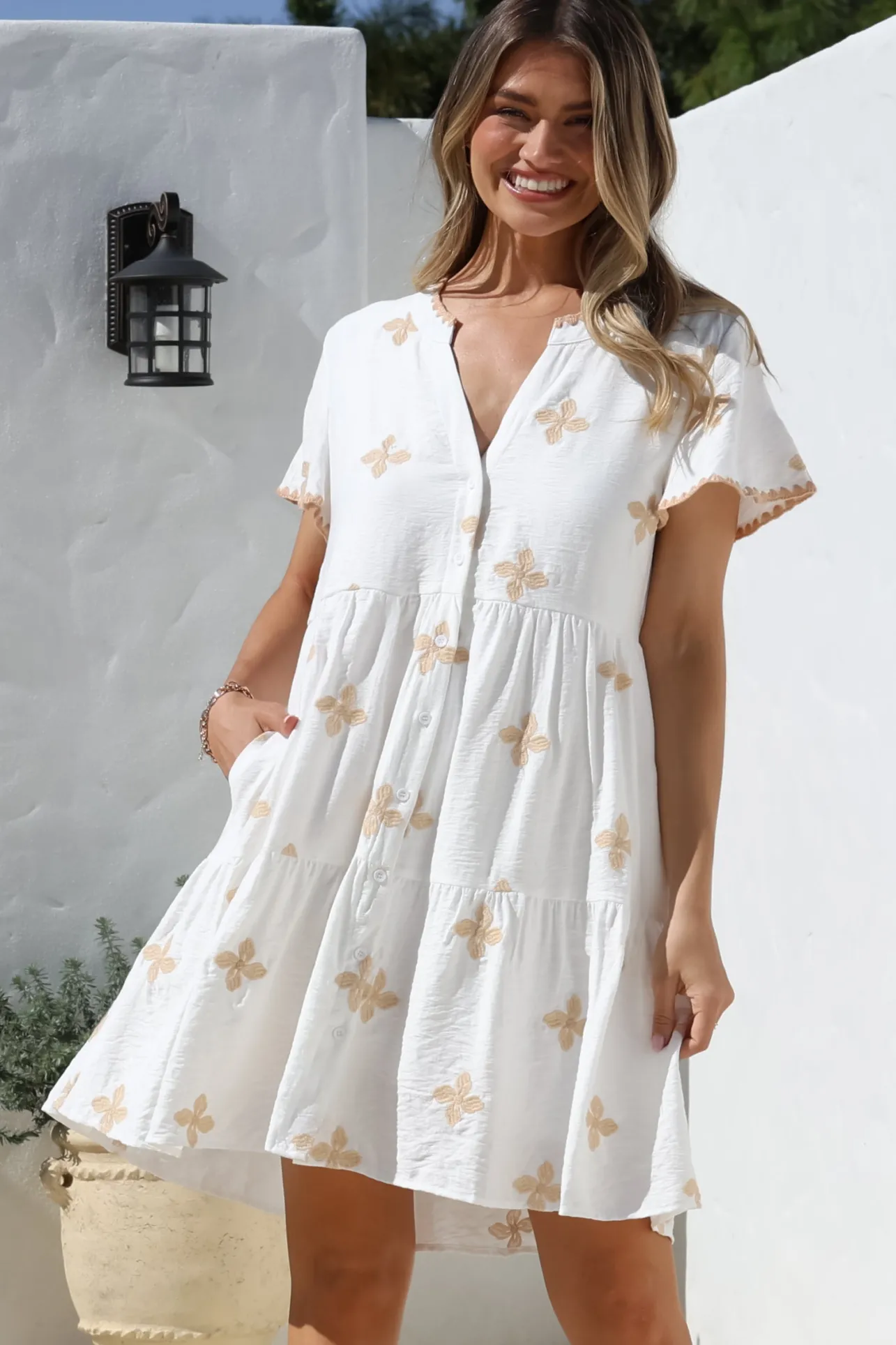 Wilma Mini Dress - Bermuda Collar Button Down Dress with Cap Sleeves in Gigi Print White>Salty Crush Sale