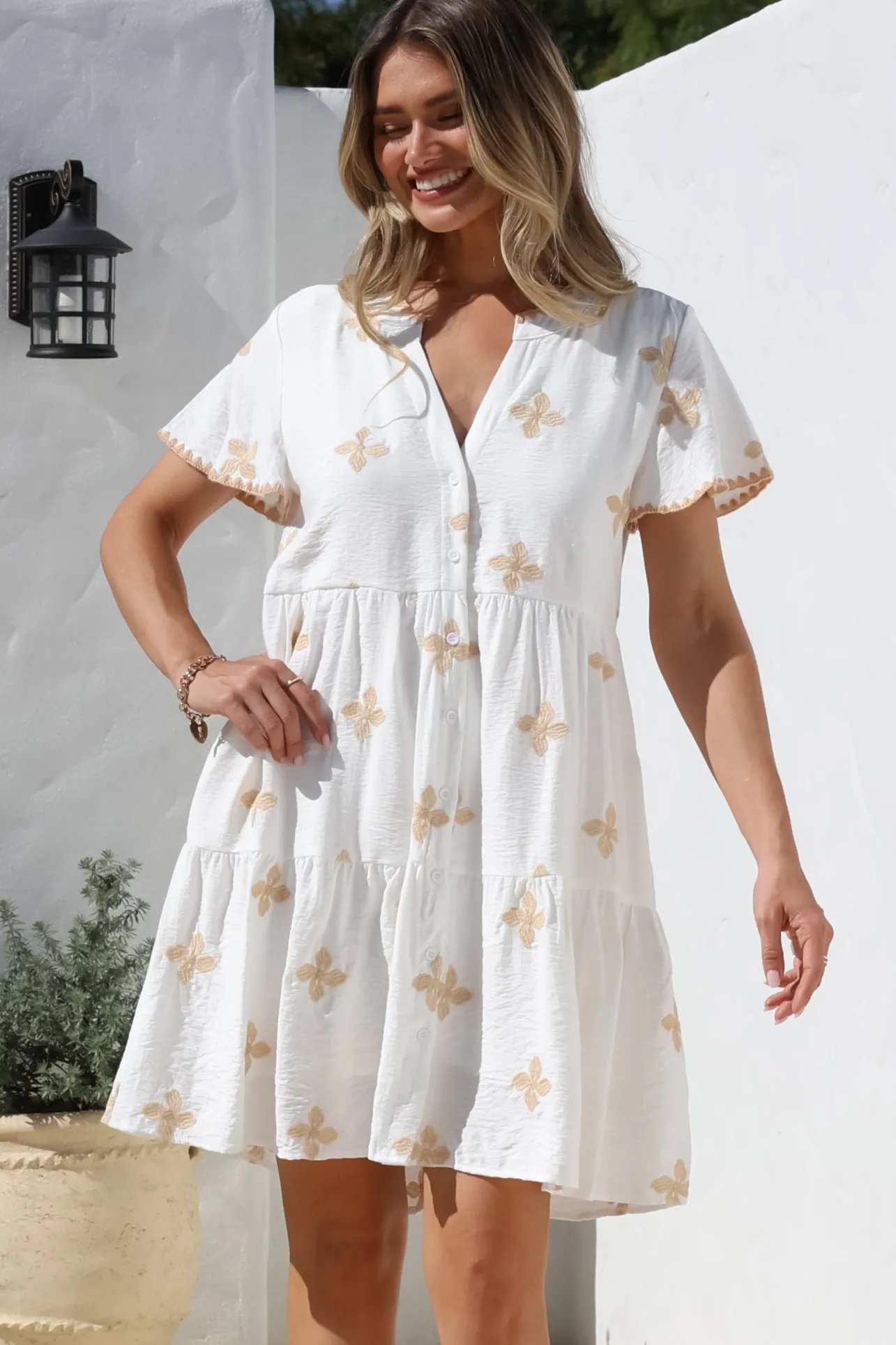 Wilma Mini Dress - Bermuda Collar Button Down Dress with Cap Sleeves in Gigi Print White>Salty Crush Sale