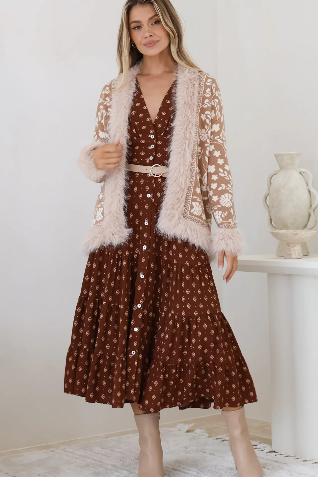Wolfe Jacket - Faux Fur Trim Open Knit Jacket in Camel>Salty Crush Clearance