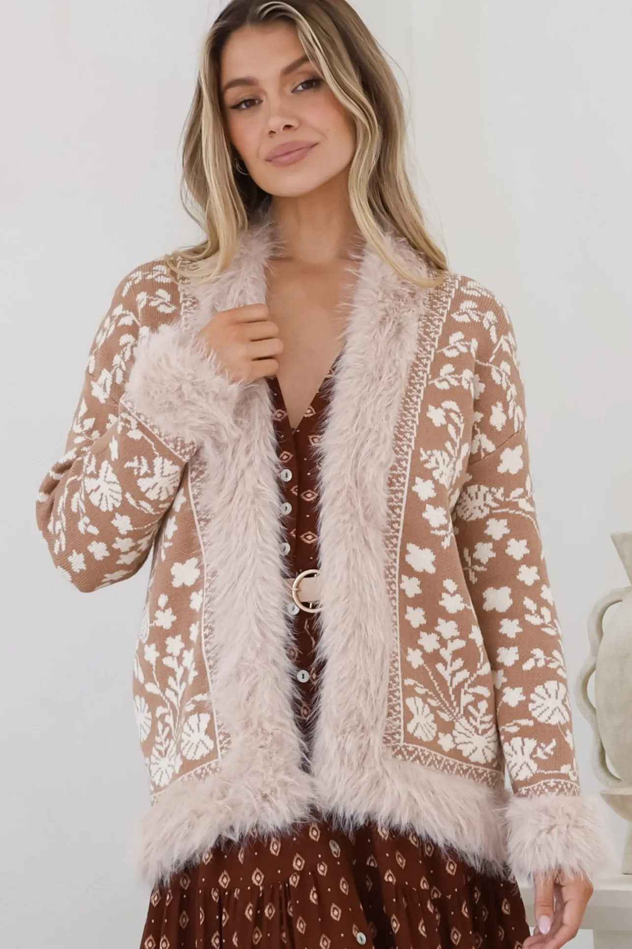 Wolfe Jacket - Faux Fur Trim Open Knit Jacket in Camel>Salty Crush Clearance