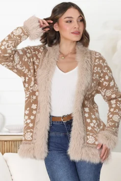 Wolfe Jacket - Faux Fur Trim Open Knit Jacket in Camel><noscript><img width=